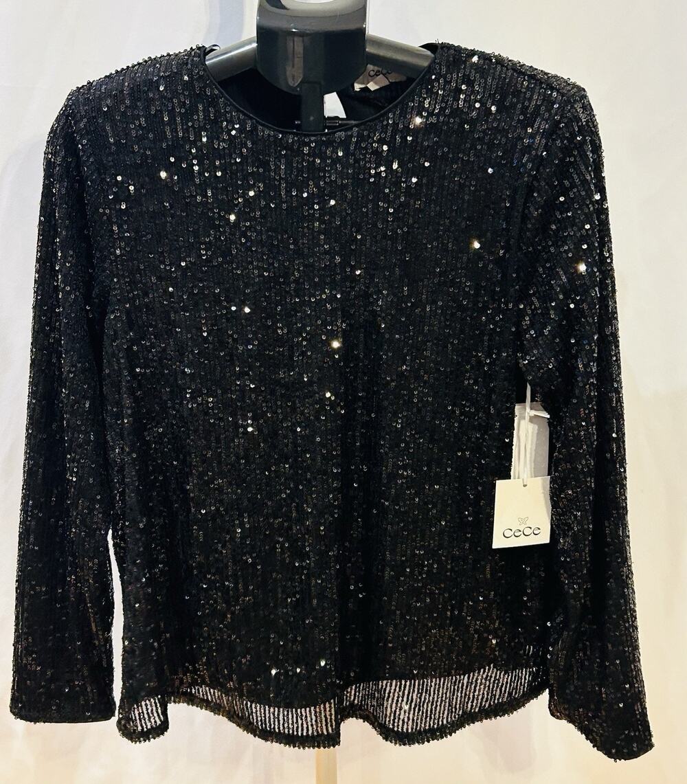 NWT Cece Black Sparkle and Shine Sequin Blouse size L